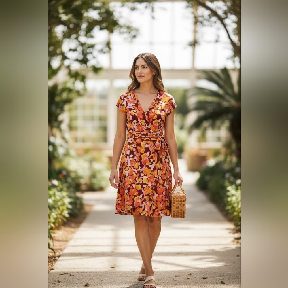 Nine West Floral Faux Wrap Dress Size XS 70s Groovy Stretch Colorful Hippie NWT